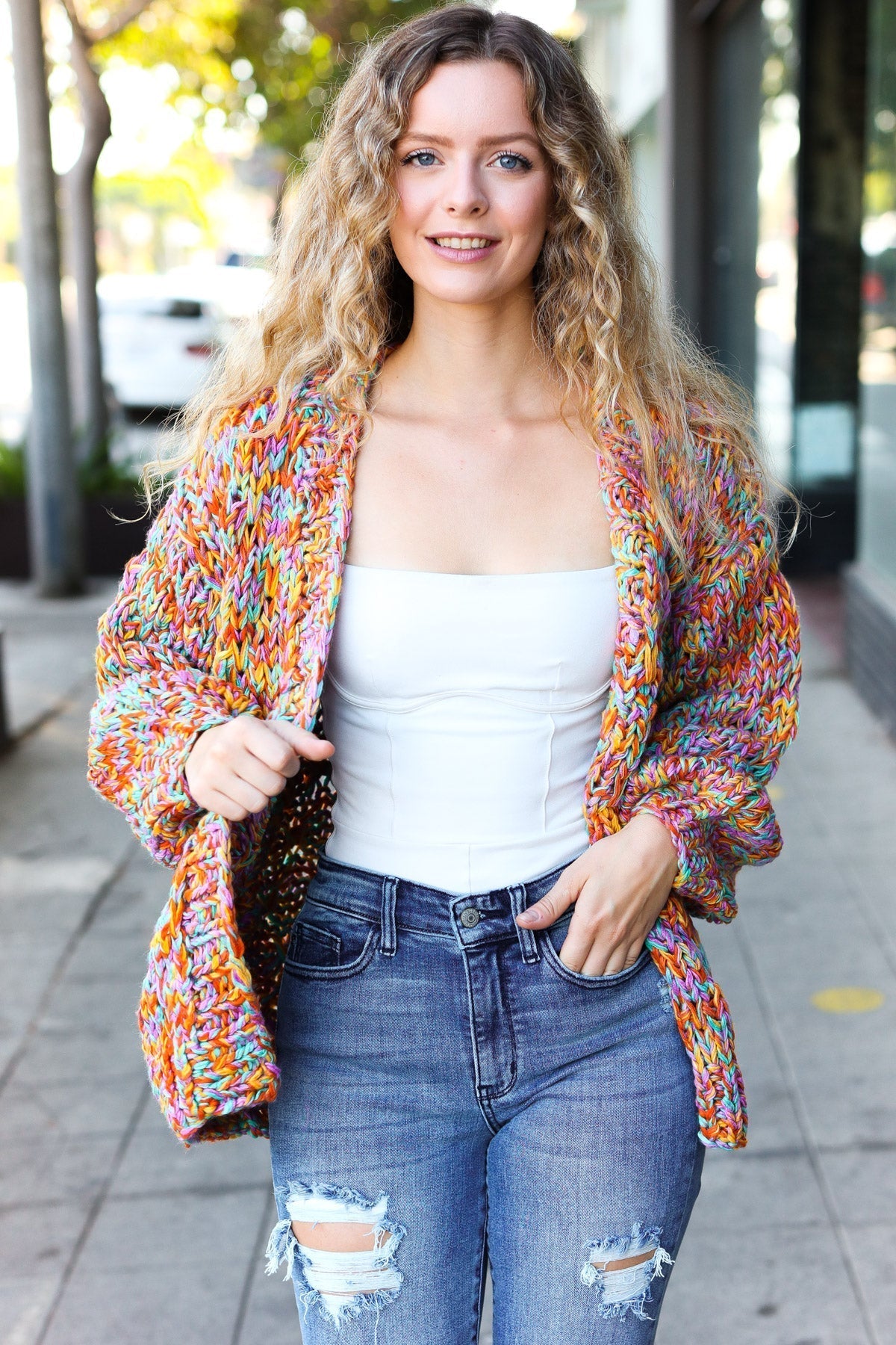 Susana | Be your best openwork multi-colored chunky knit cardigan