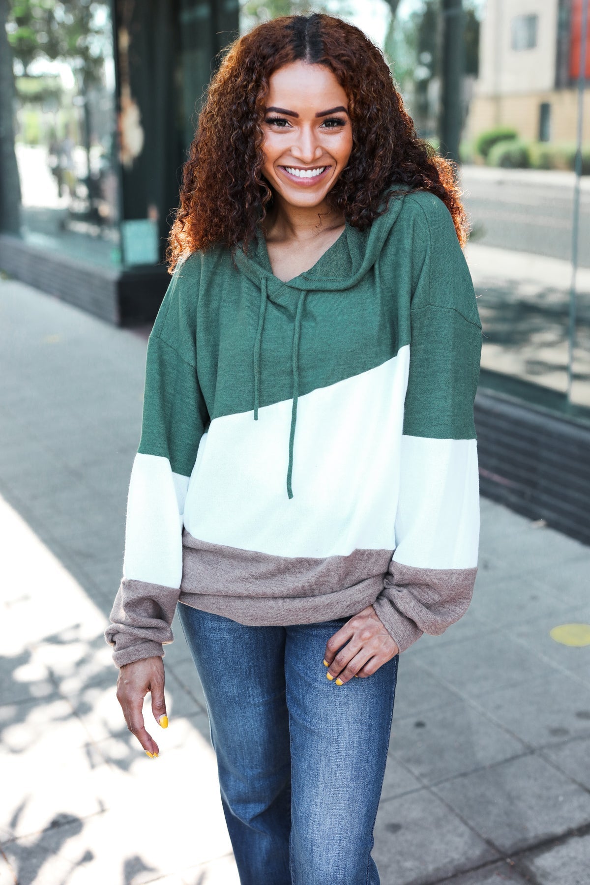 Lilli | Feeling Joyful Olive and Ivory Color Block Hacci Knit Hoodie
