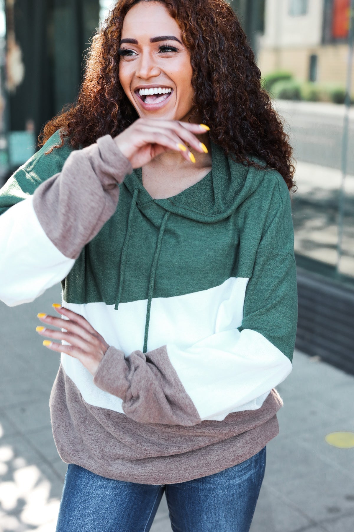 Lilli | Feeling Joyful Olive and Ivory Color Block Hacci Knit Hoodie
