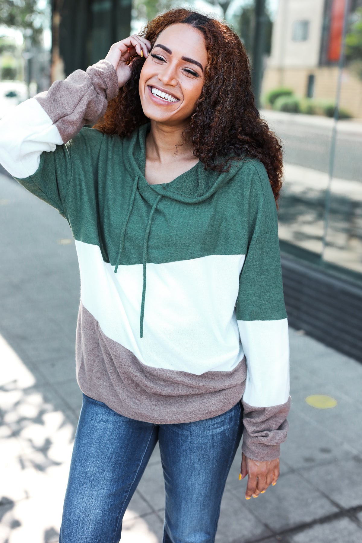 Lilli | Feeling Joyful Olive and Ivory Color Block Hacci Knit Hoodie