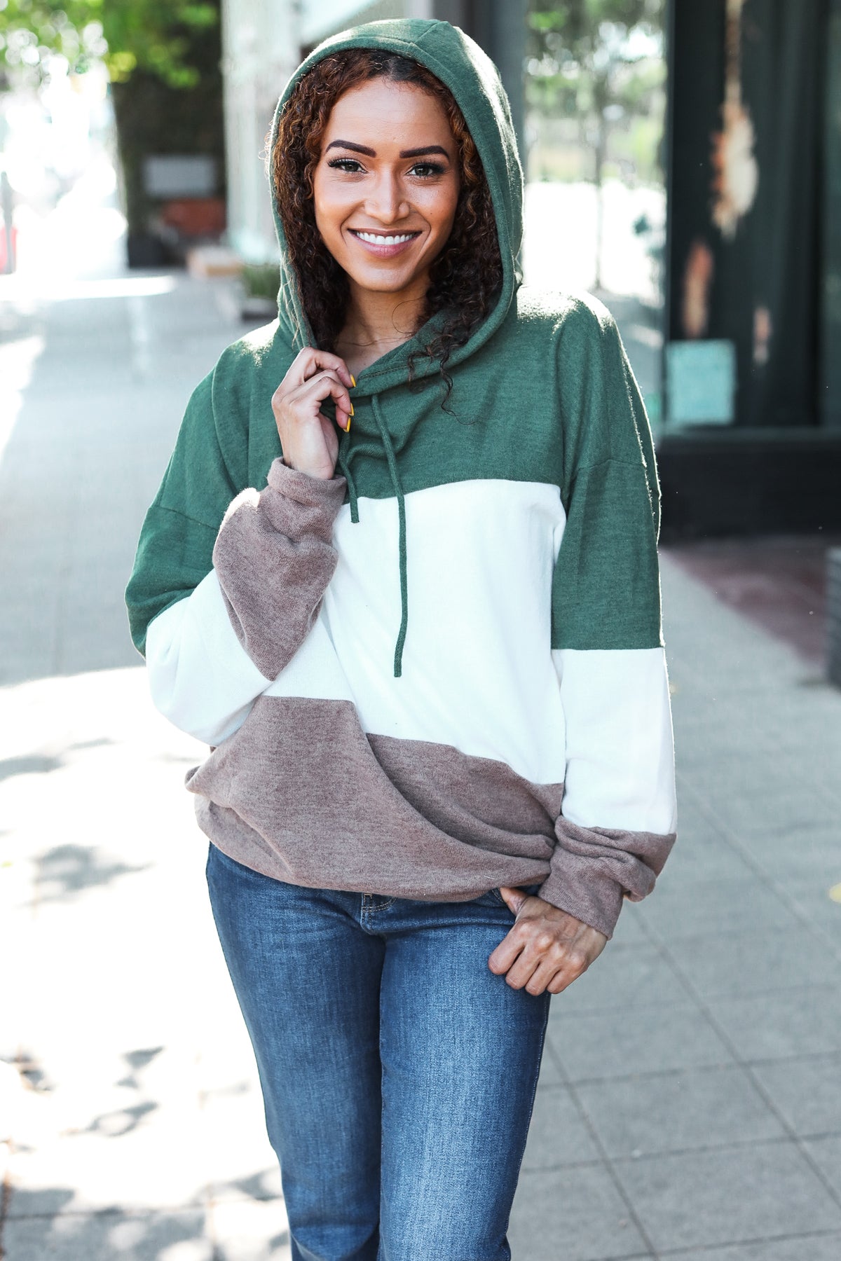 Lilli | Feeling Joyful Olive and Ivory Color Block Hacci Knit Hoodie