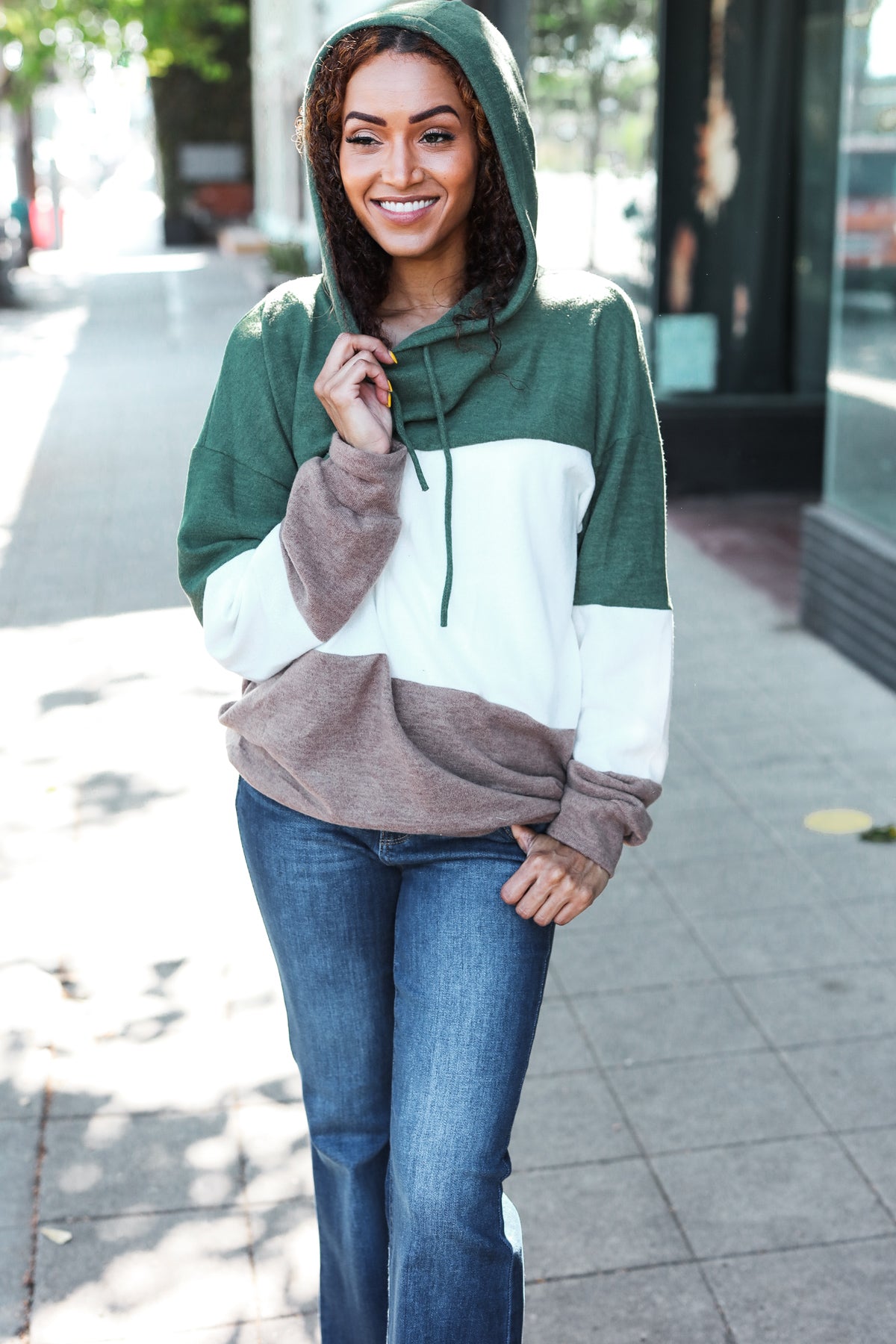 Lilli | Feeling Joyful Olive and Ivory Color Block Hacci Knit Hoodie