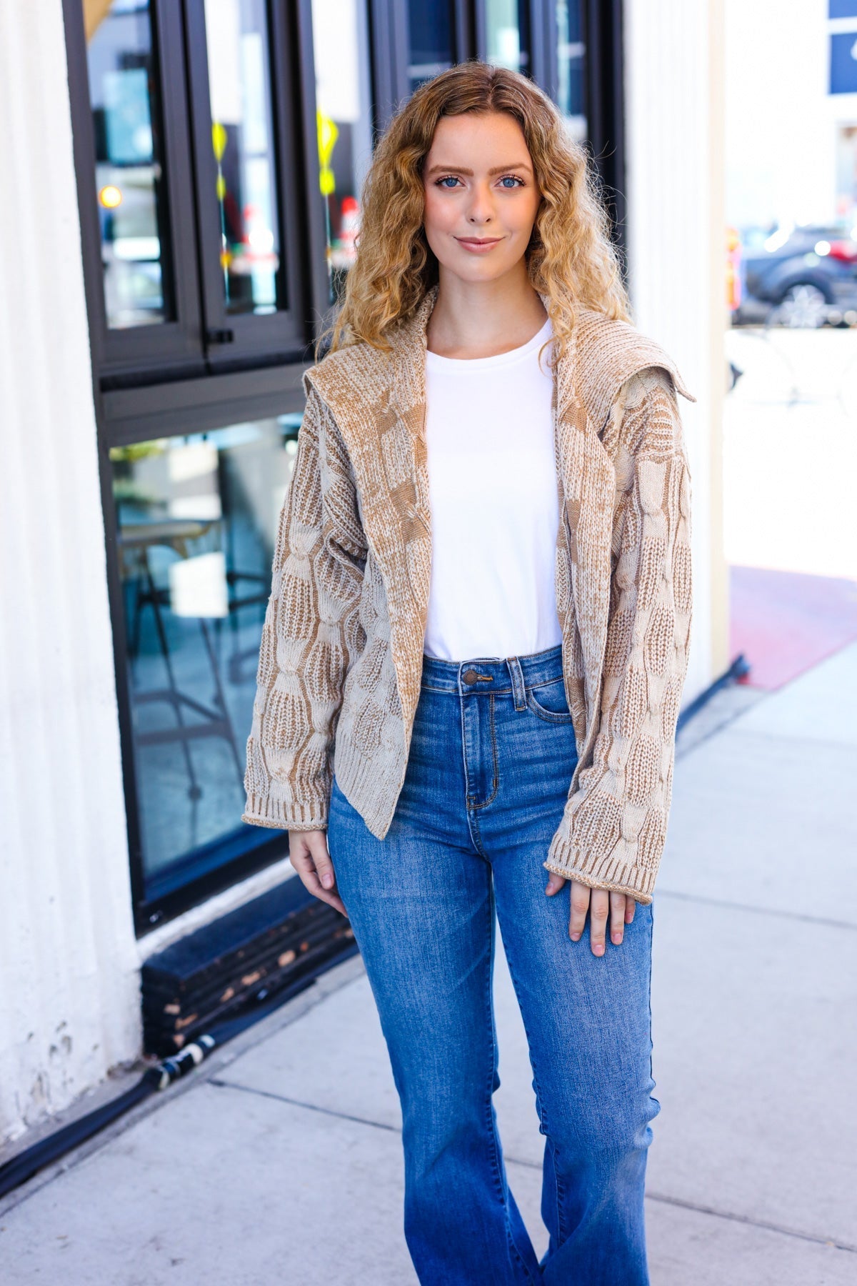 Odette | Autumn Vibes Taupe structured cable knit cardigan with collar
