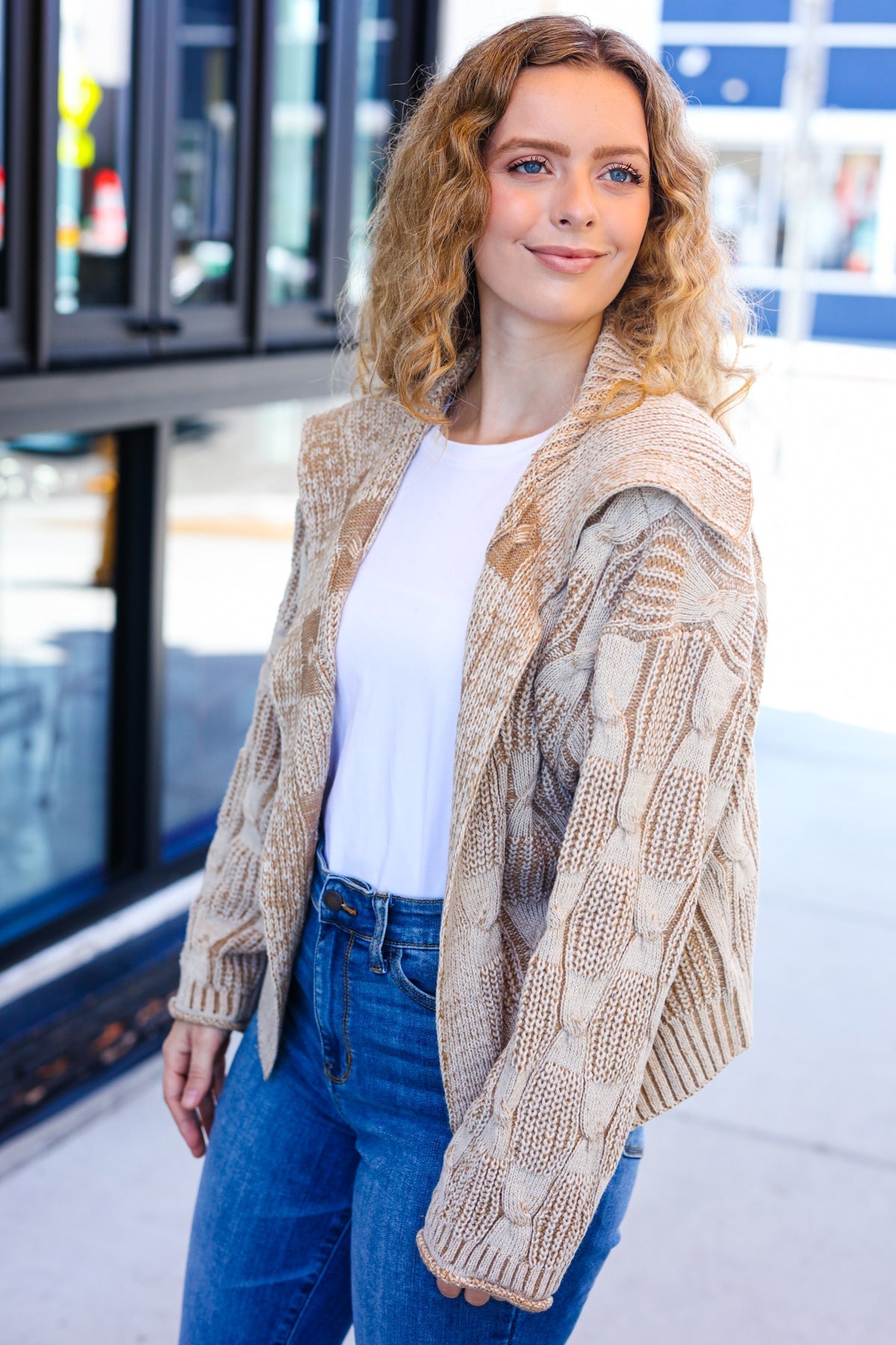 Odette | Autumn Vibes Taupe structured cable knit cardigan with collar