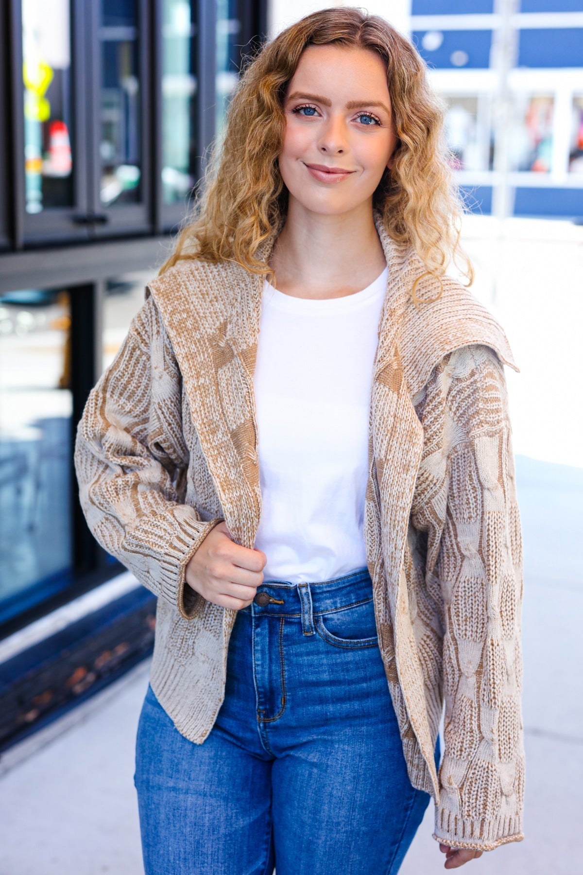 Odette | Autumn Vibes Taupe structured cable knit cardigan with collar