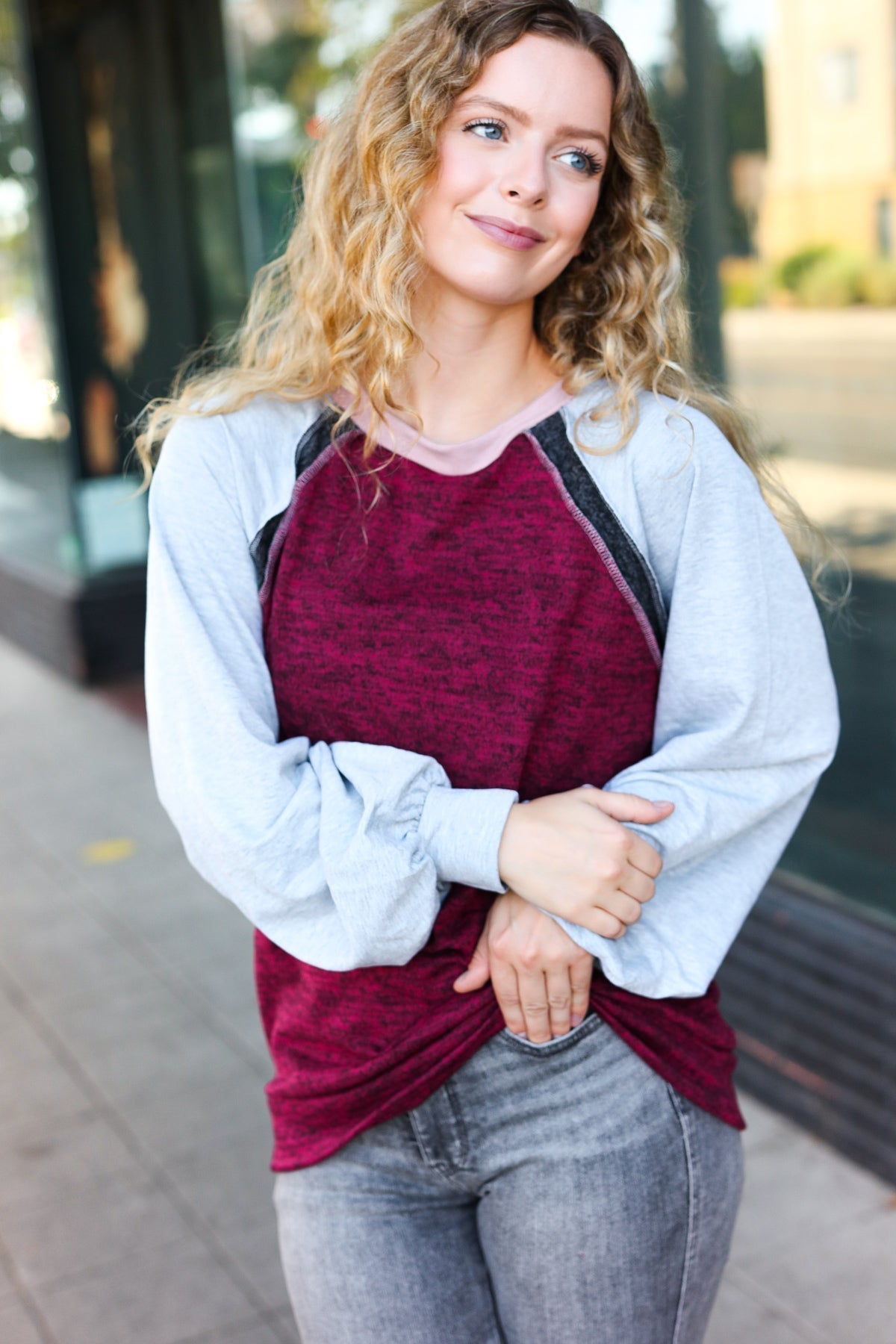 Sigrid | Autumn Vibes color block raglan sweater in gray and burgundy