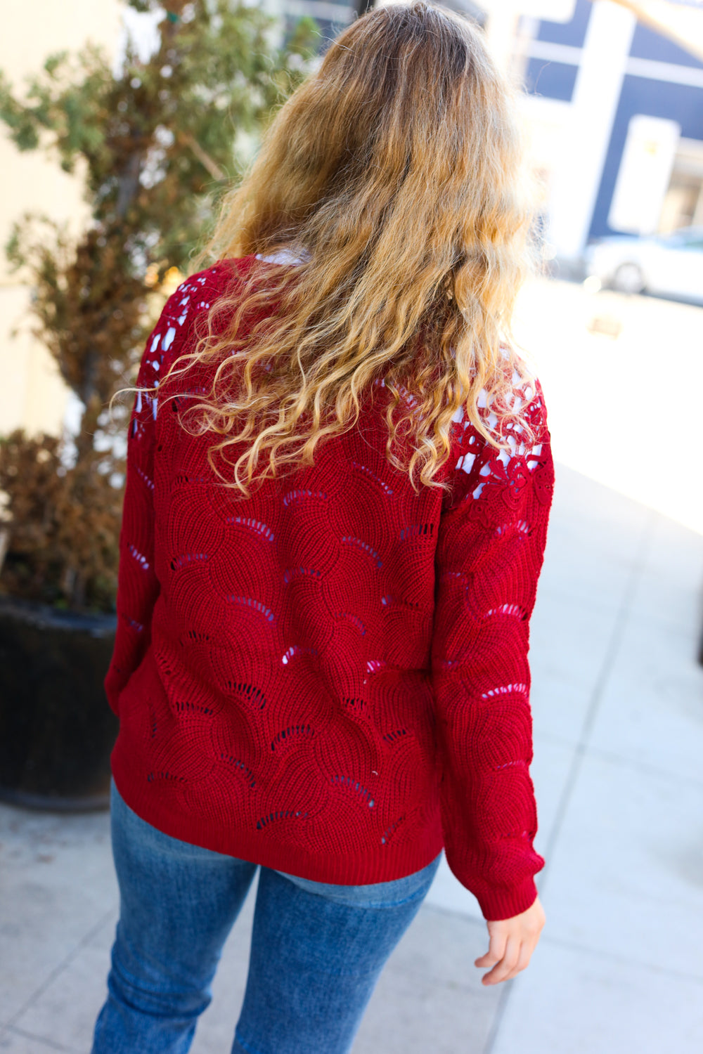 Lorena | Casual chic burgundy pointelle lace shoulder knit sweater