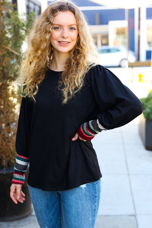 Margherita | Black multicolor striped top with puff sleeves