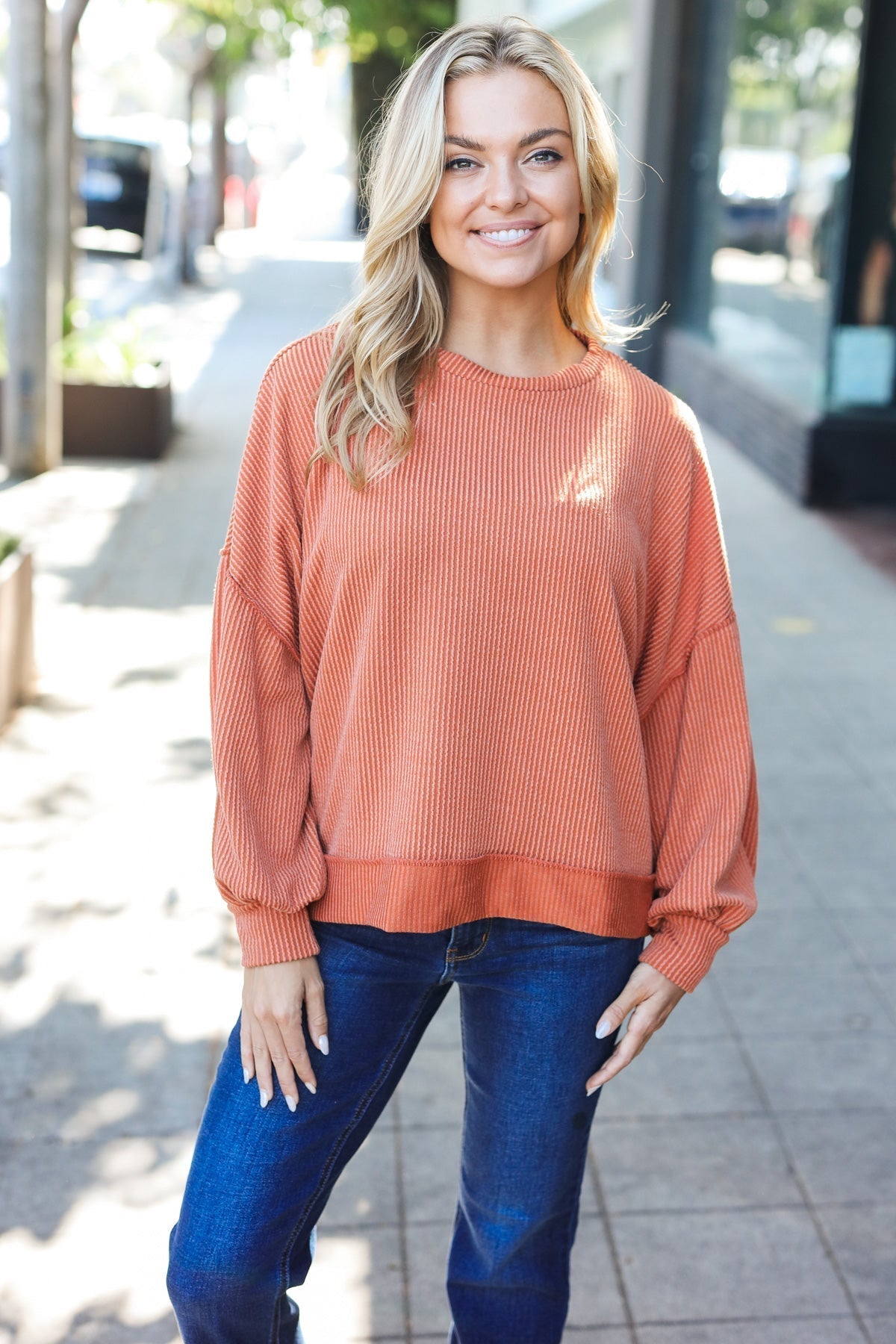 Liselotte | Weekend Ready Rust Mineral Wash Rib Pullover Top