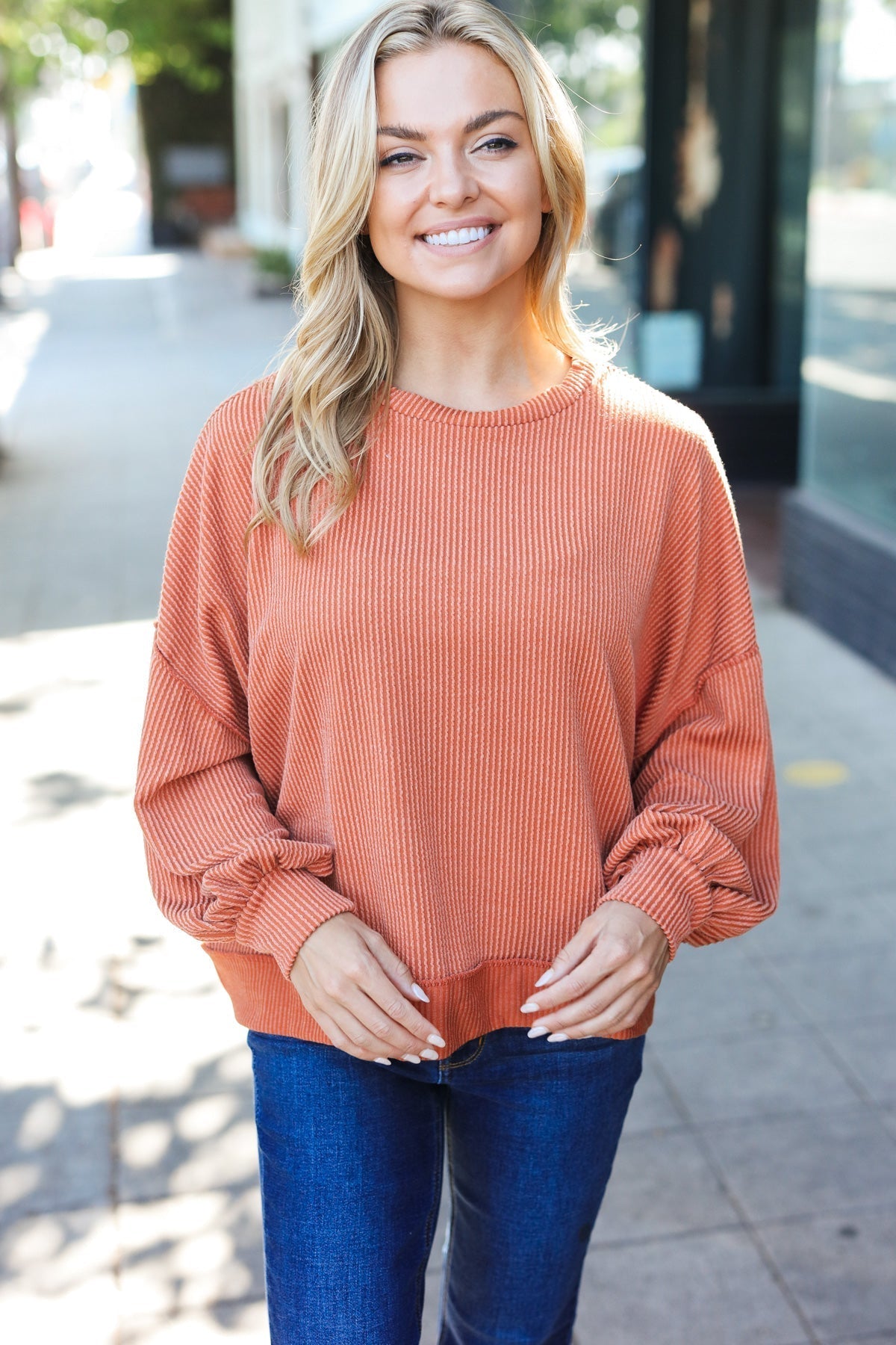 Liselotte | Weekend Ready Rust Mineral Wash Rib Pullover Top