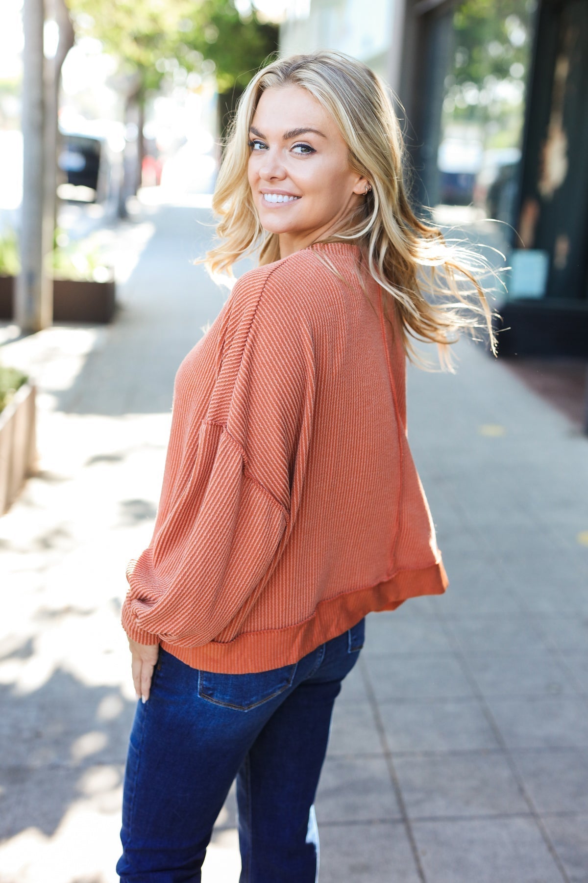 Liselotte | Weekend Ready Rust Mineral Wash Rib Pullover Top