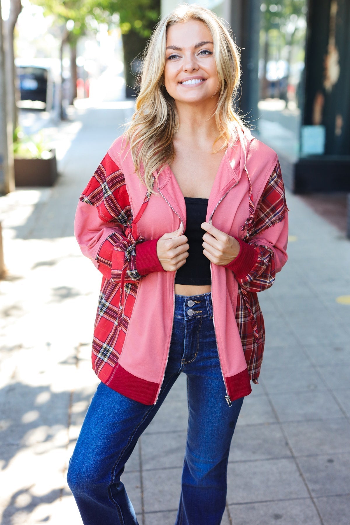Aneta | Adorable marsala check French terry hoodie with color block zip fastening