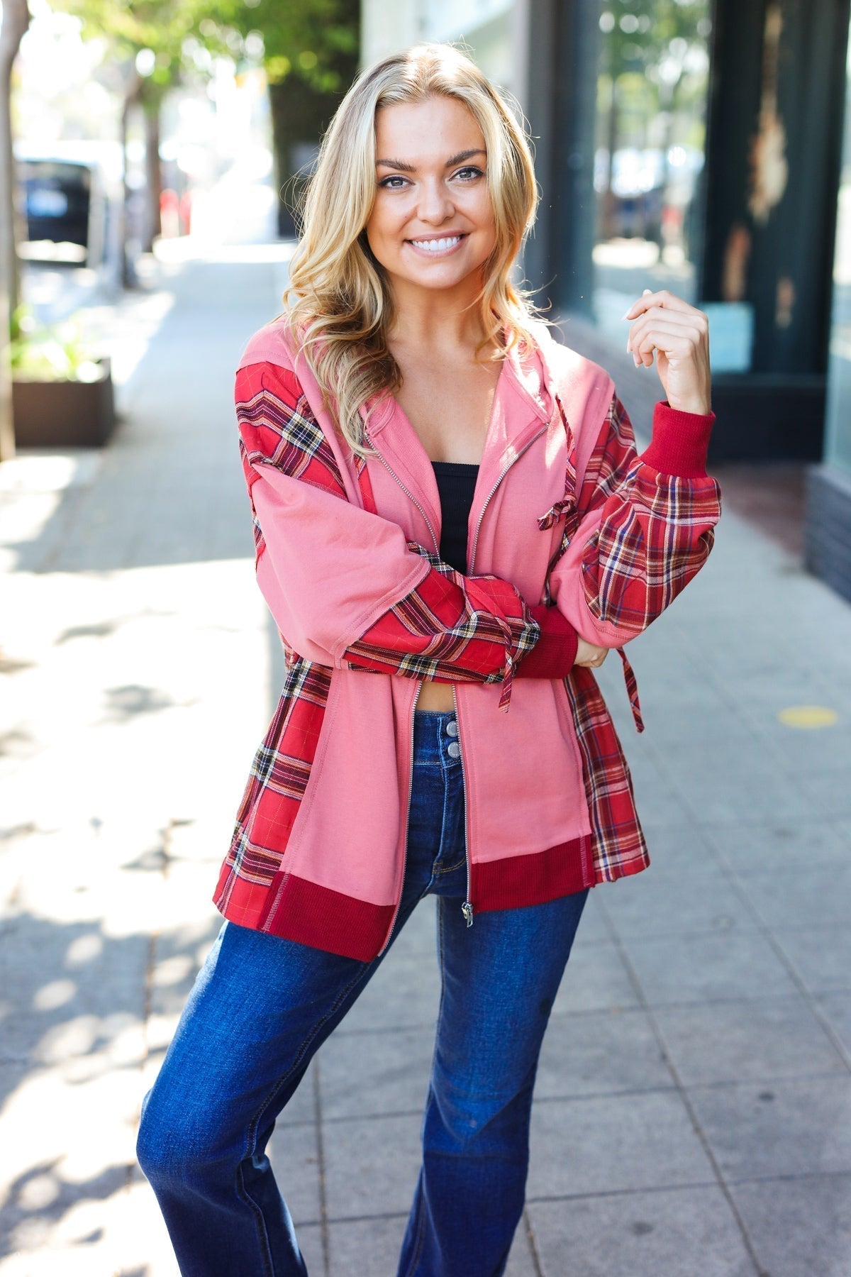 Aneta | Adorable marsala check French terry hoodie with color block zip fastening
