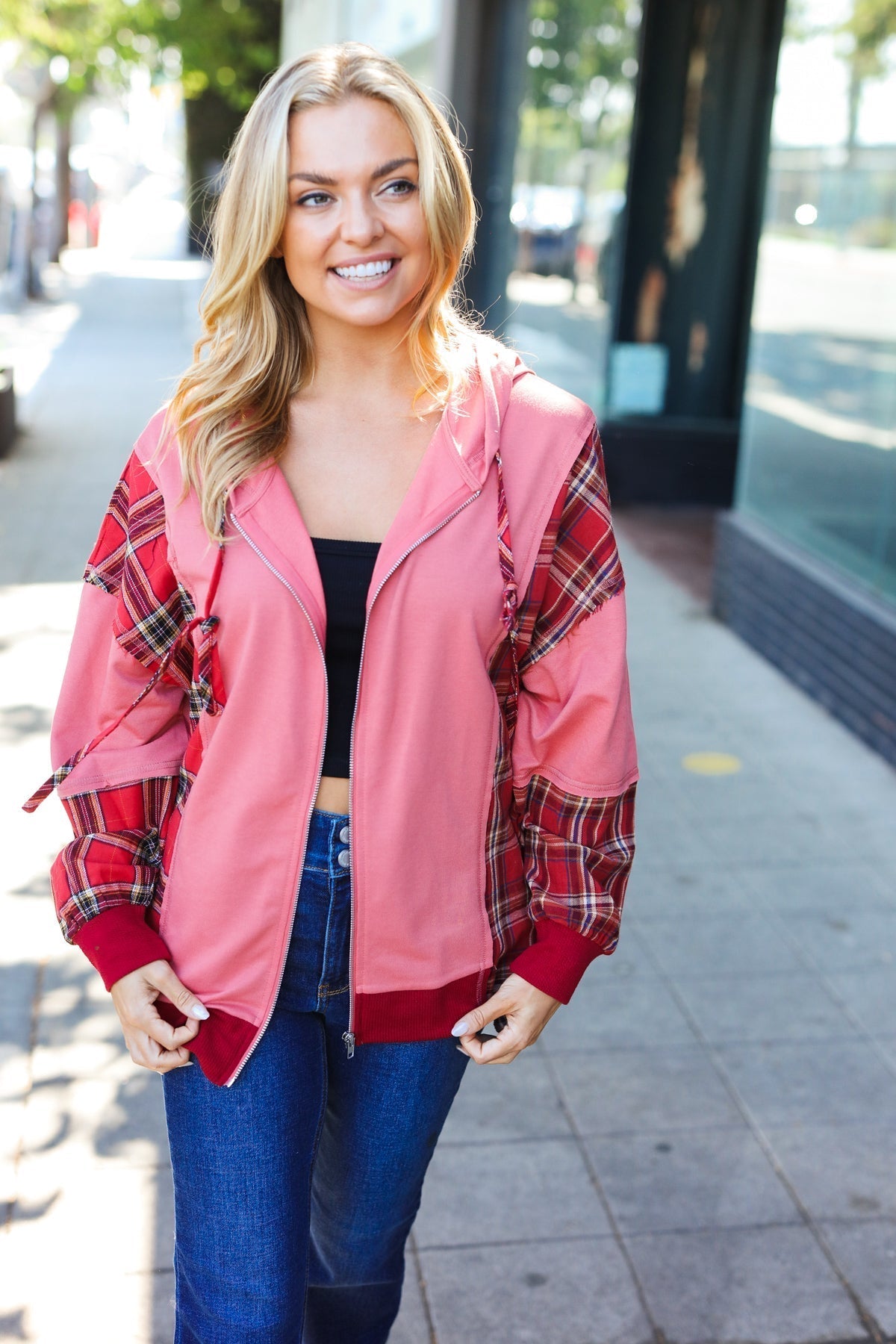 Aneta | Adorable marsala check French terry hoodie with color block zip fastening