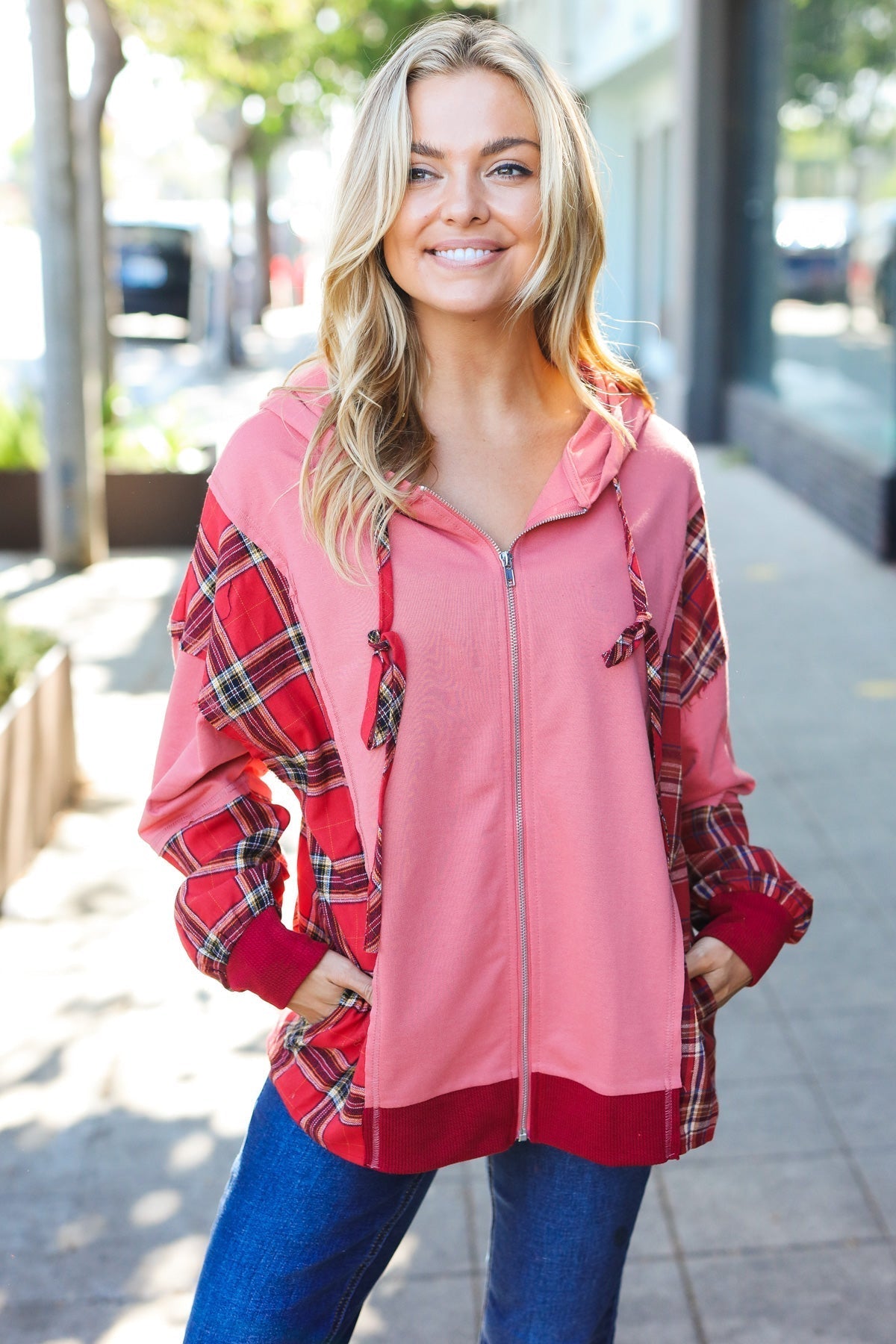 Aneta | Adorable marsala check French terry hoodie with color block zip fastening
