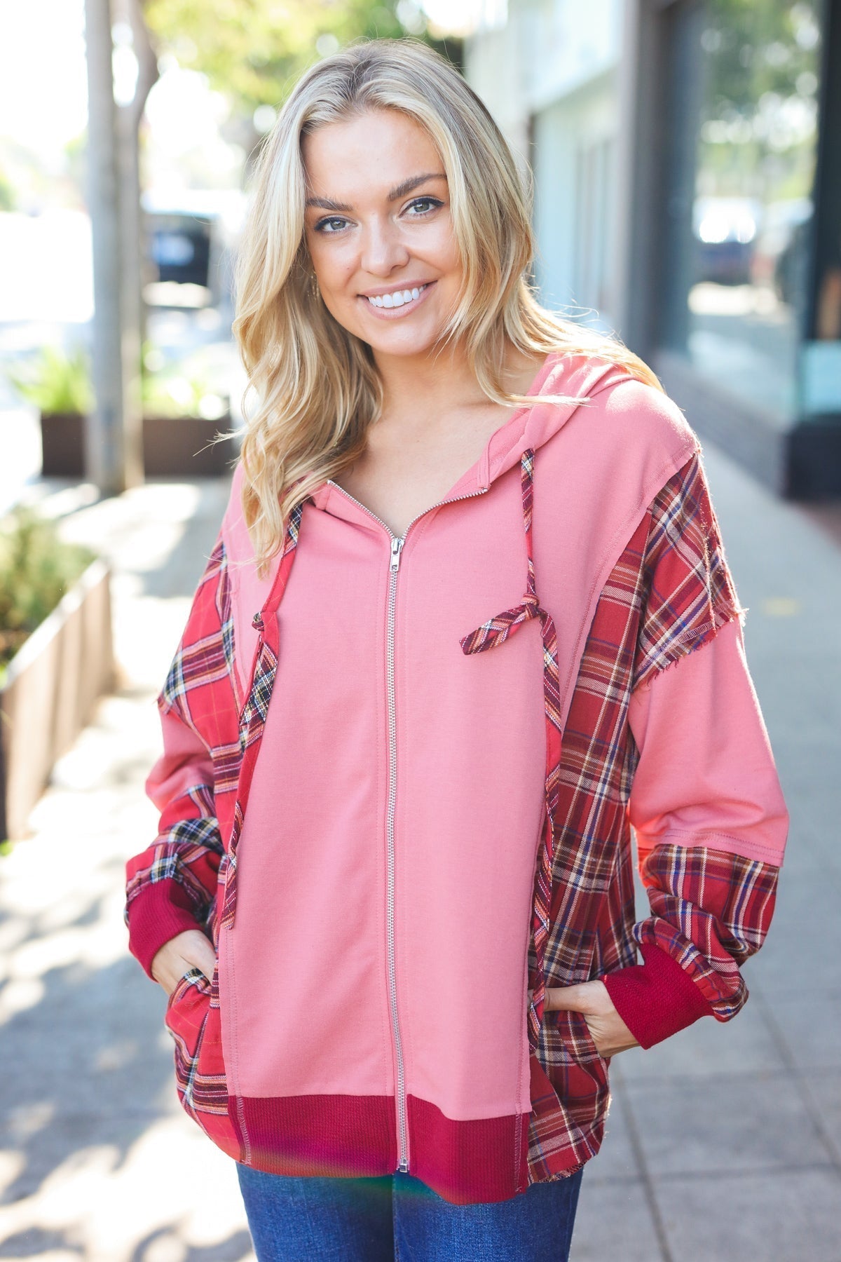 Aneta | Adorable marsala check French terry hoodie with color block zip fastening