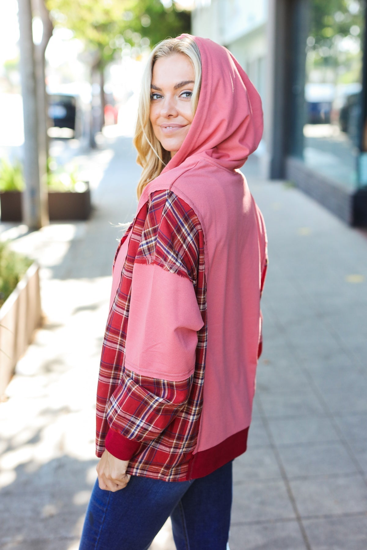 Aneta | Adorable marsala check French terry hoodie with color block zip fastening