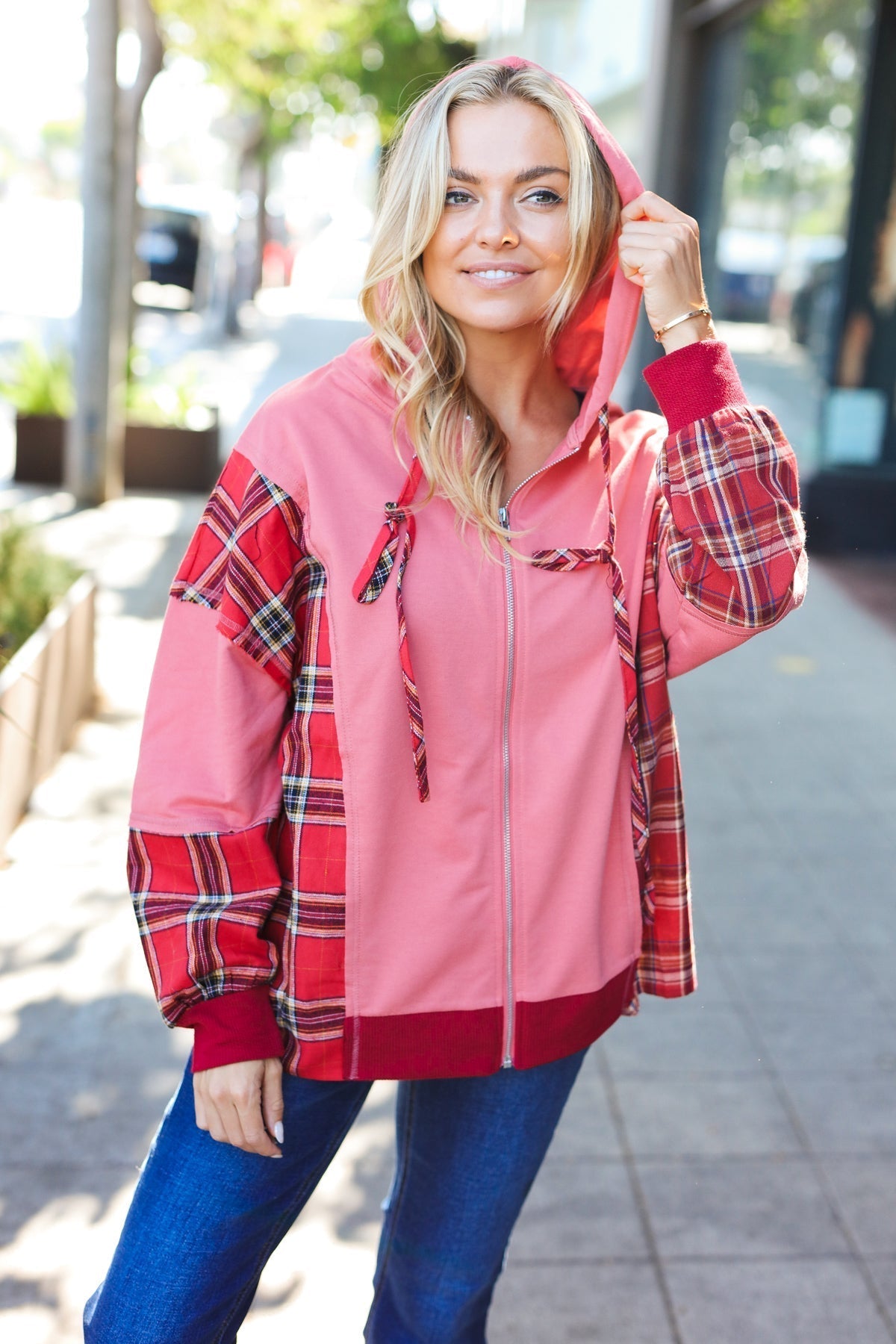 Aneta | Adorable marsala check French terry hoodie with color block zip fastening