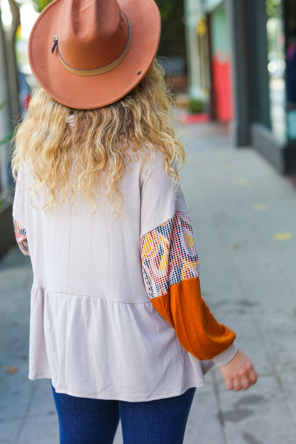 Claudia | Babydoll terry turtleneck top in taupe and rust