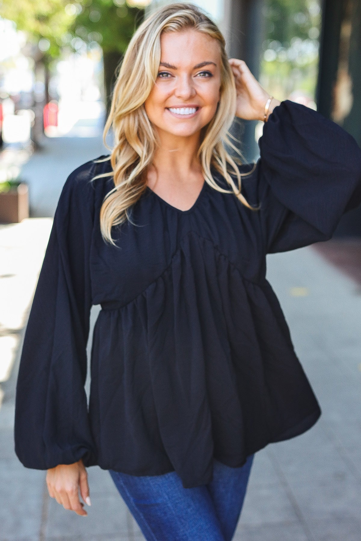 Alessa | Black plain woven V-neck babydoll top