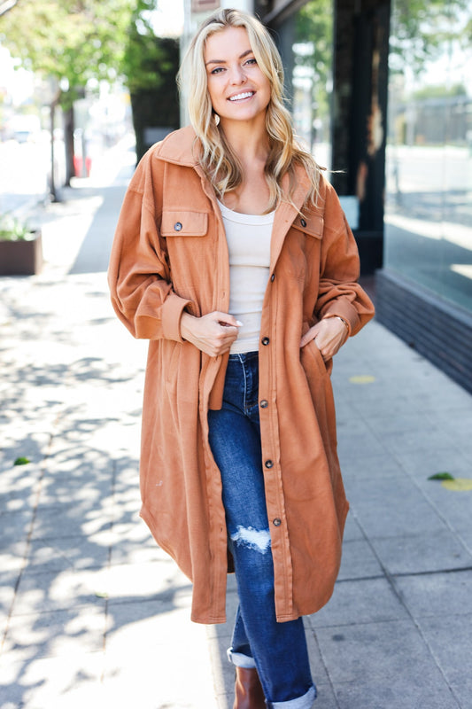 Doris | Turn Heads Camel Fleece Button Down Duster Jacket