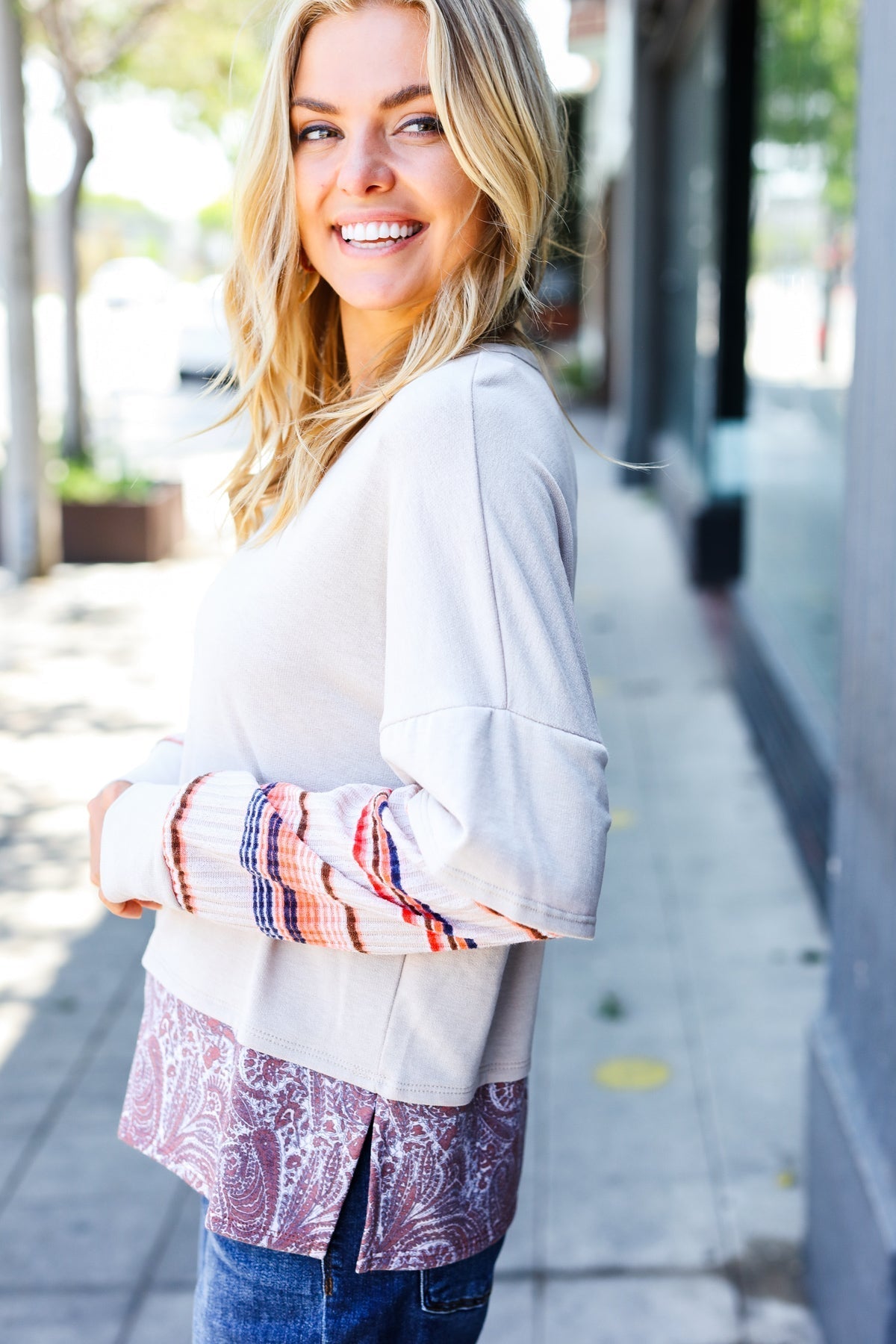 Beatrice | Boho Energy Taupe Stripe & Paisley Twofer Terry Top