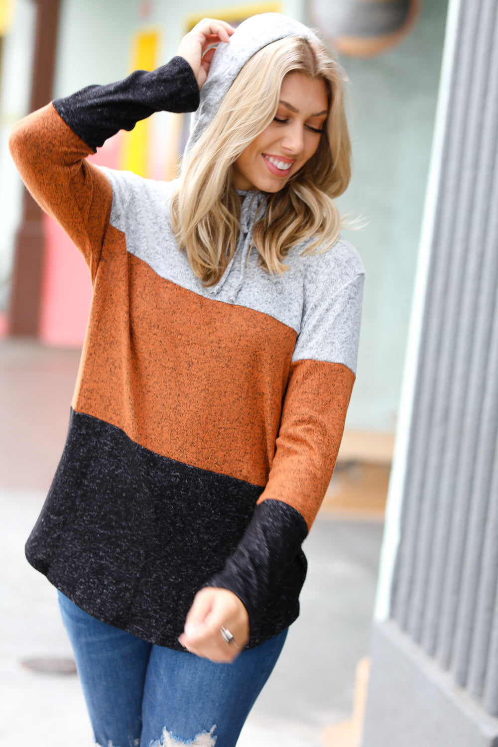 Claudia | Heather Gray & Rust color block hoodie top
