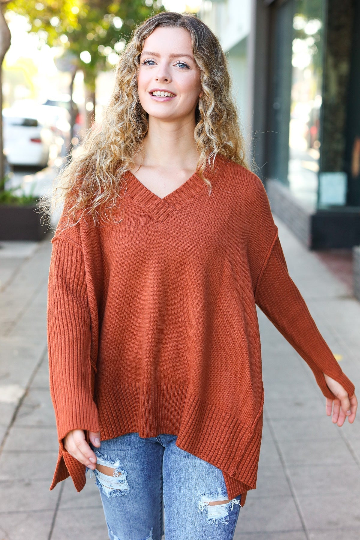 Amalia | Casual chic rust oversized rib knit V-neck sweater