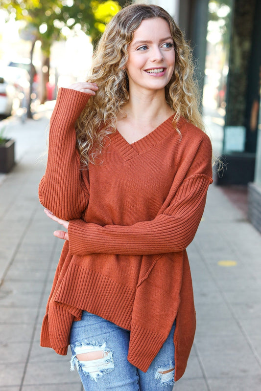 Amalia | Casual chic rust oversized rib knit V-neck sweater