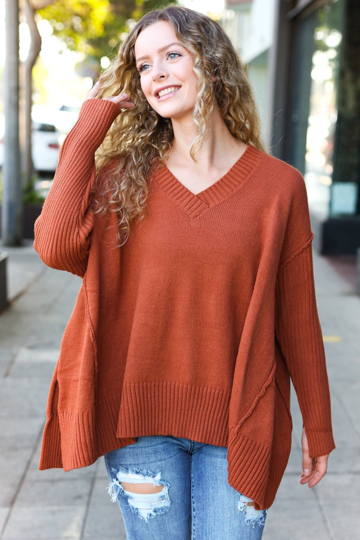 Amalia | Casual chic rust oversized rib knit V-neck sweater