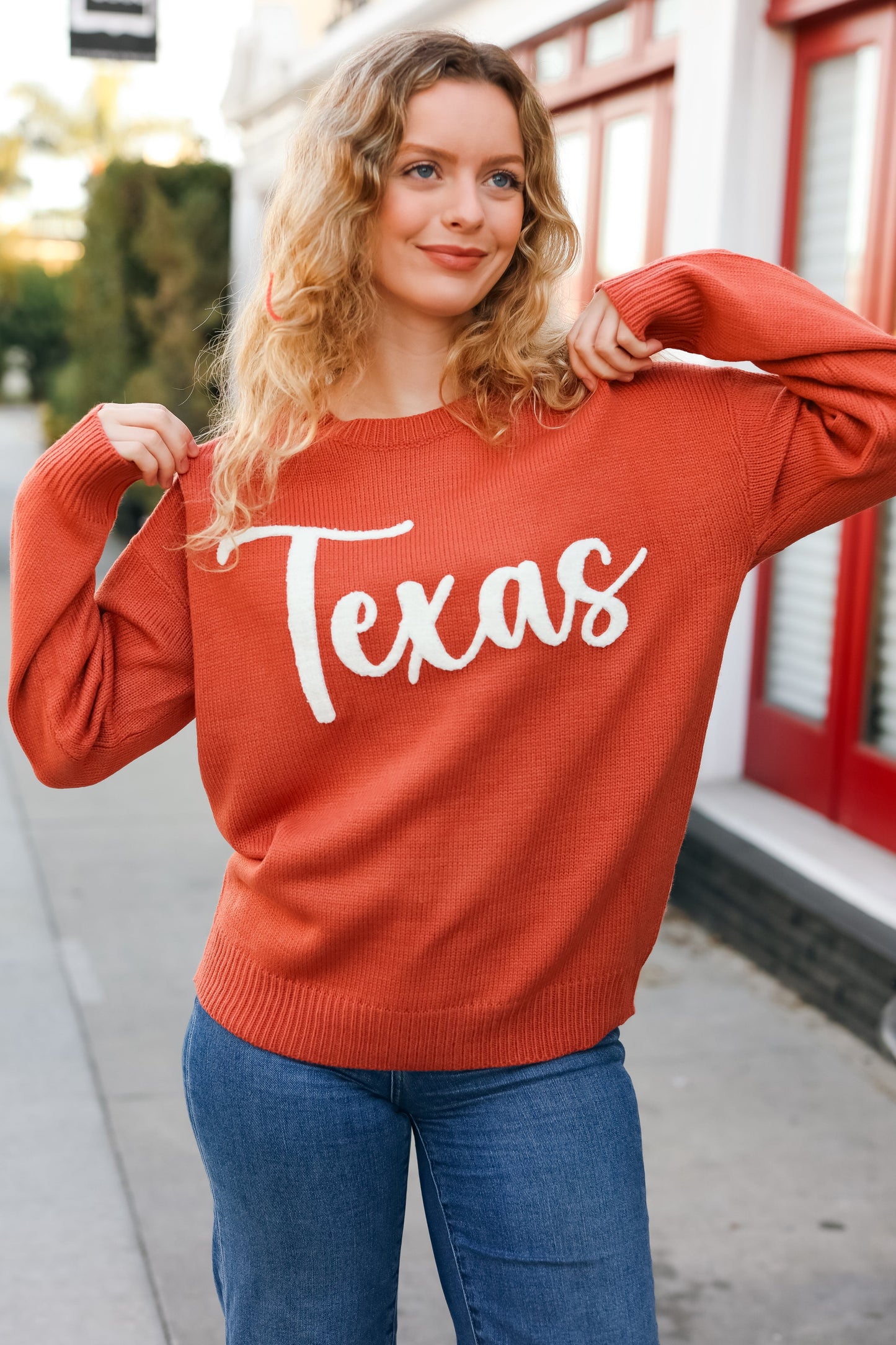 Luisa | Game Day pop-up sweater with “Texas” embroidery in burnt orange