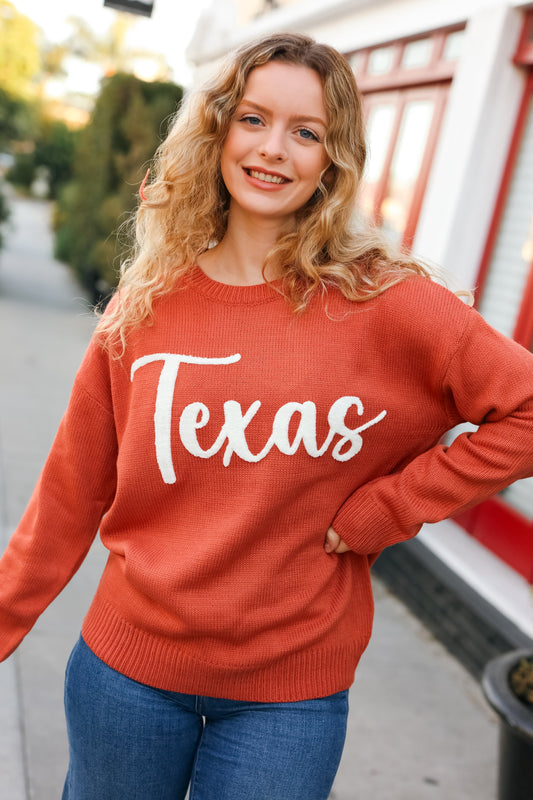 Luisa | Game Day pop-up sweater with “Texas” embroidery in burnt orange