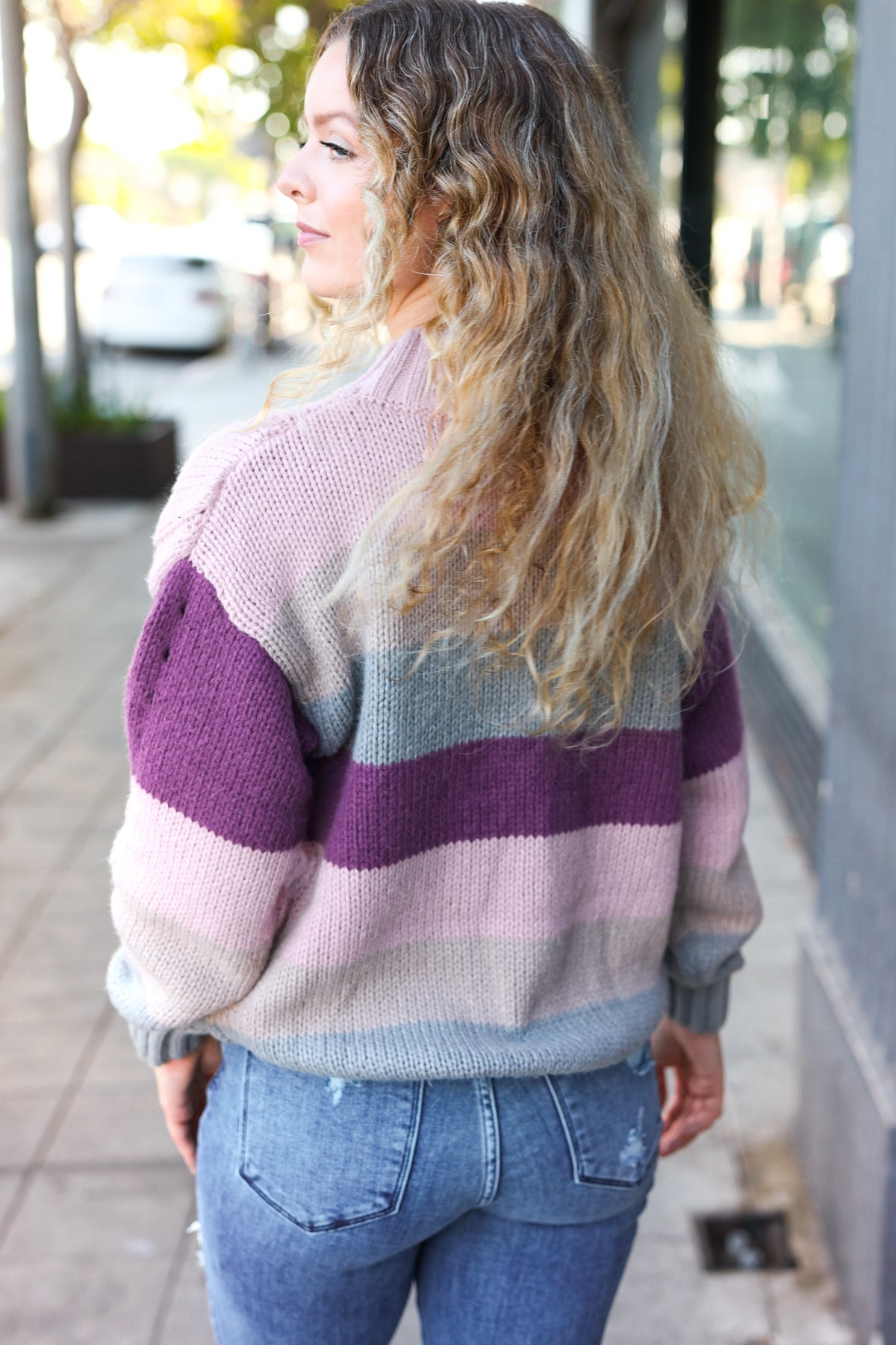 Aneta | Fall For You mauve multicolor striped cable knit turtleneck sweater