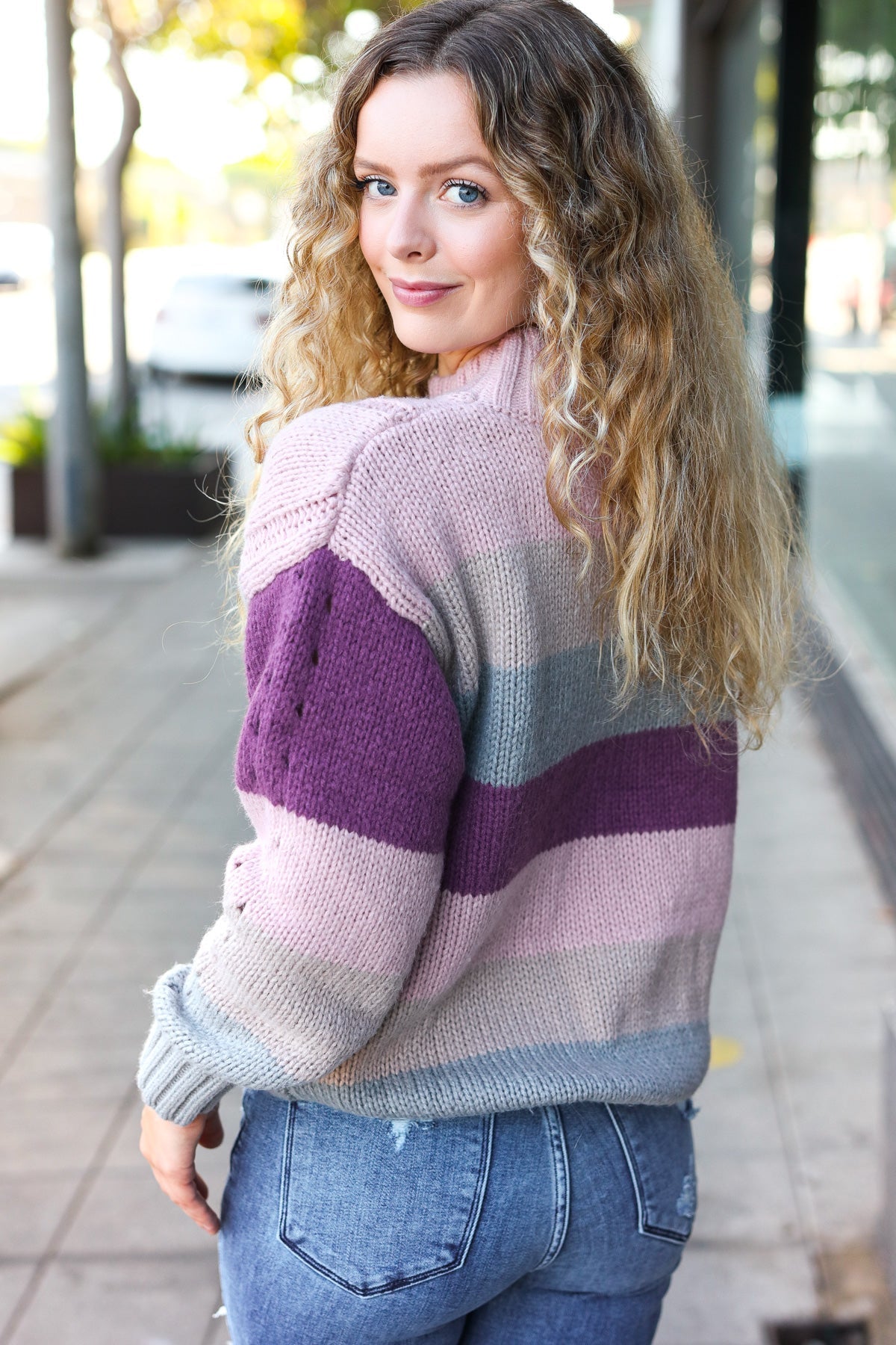 Aneta | Fall For You mauve multicolor striped cable knit turtleneck sweater