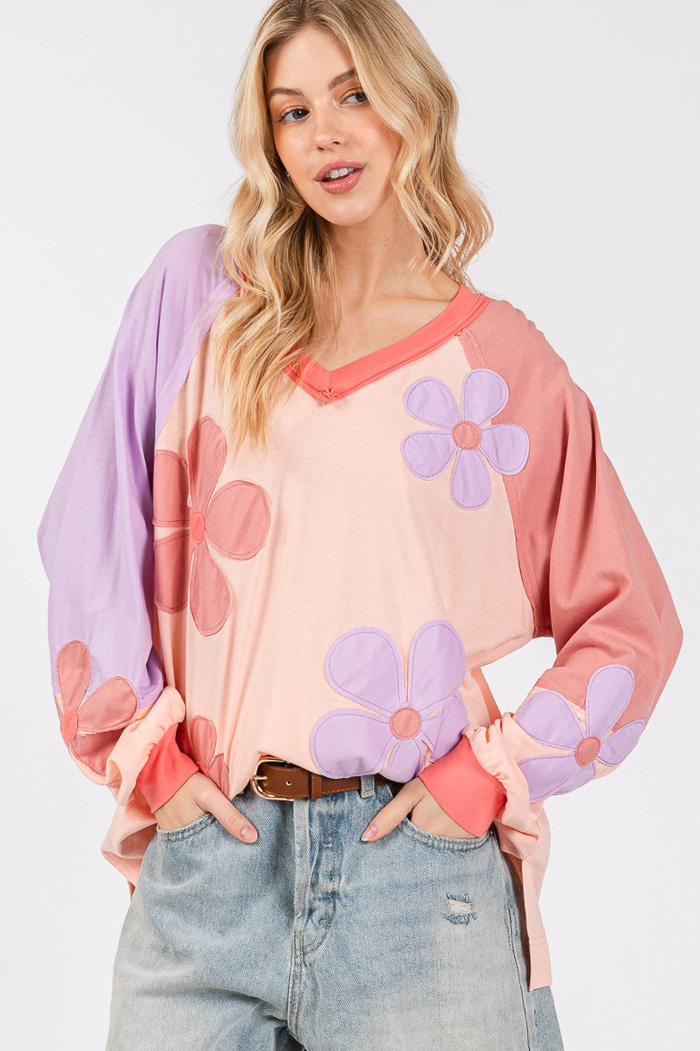 Dulce | SAGE + FIG Long sleeve top with daisy appliqué patch and full size color block