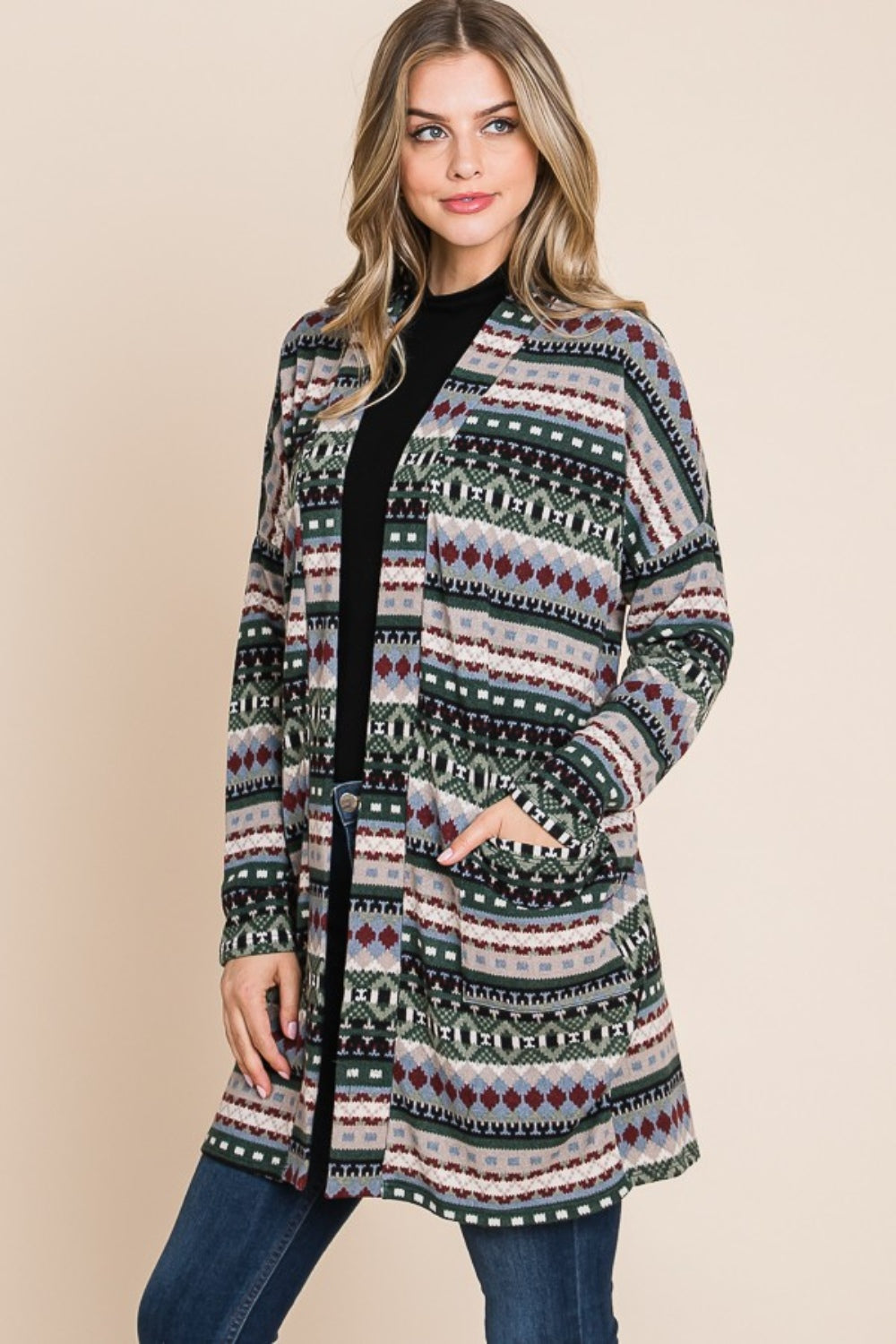 Lisette | Geometric open front long sleeve cardigan with pockets