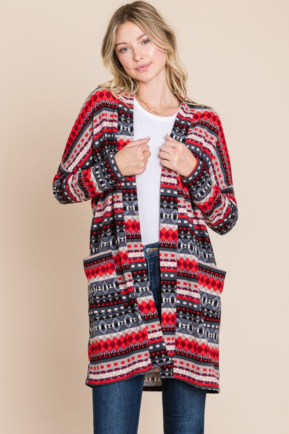Magda | Geometric open front long sleeve cardigan with pockets