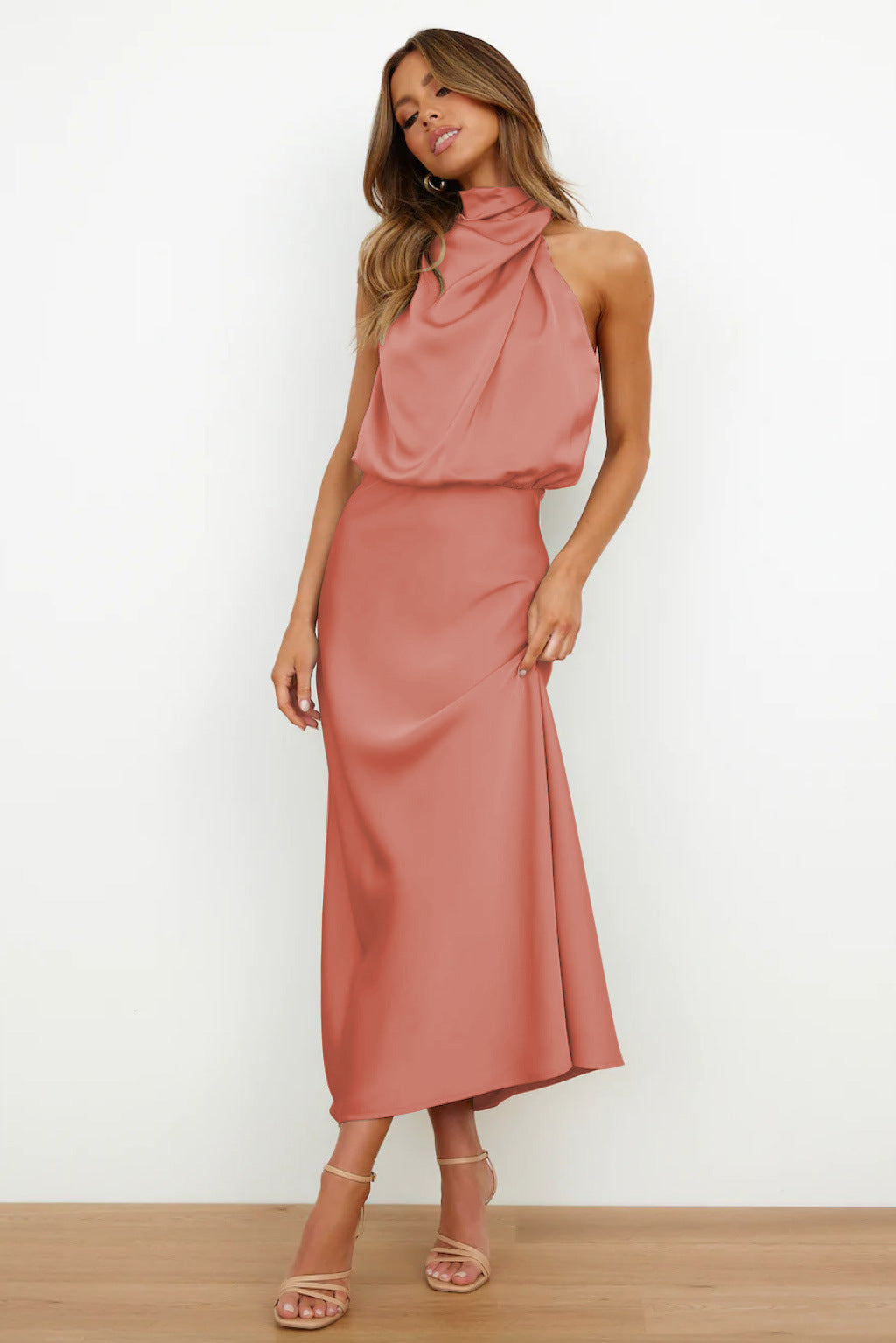 Vanessa® | Long Satin Dress With American Neckline