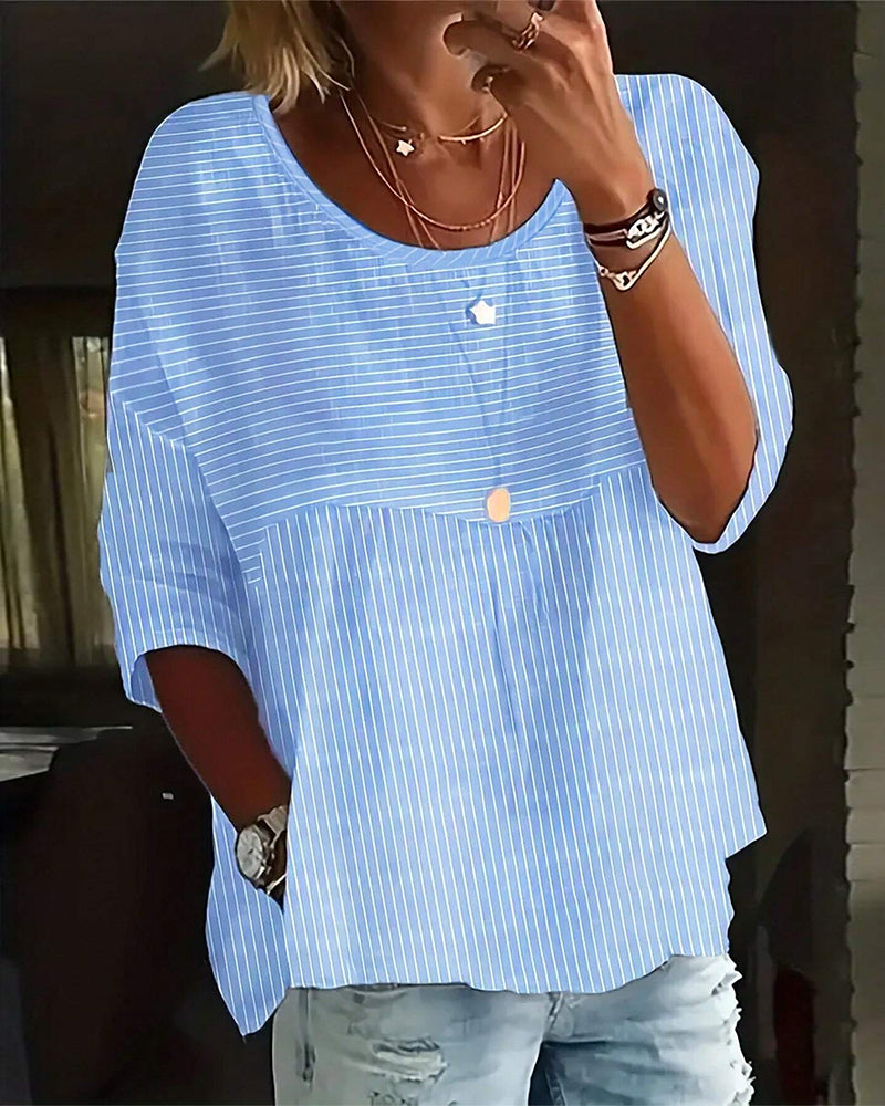 Nayla® | Casual Striped Loose Fit Button-Front Blouse For Women. Striped Blouse With Round Neck And Half-Length Sleeves.