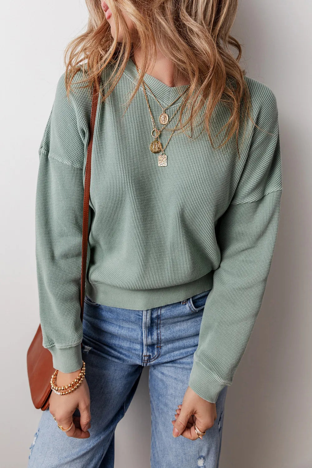 Avelina | Waffle knit top with long sleeves and dropped shoulders