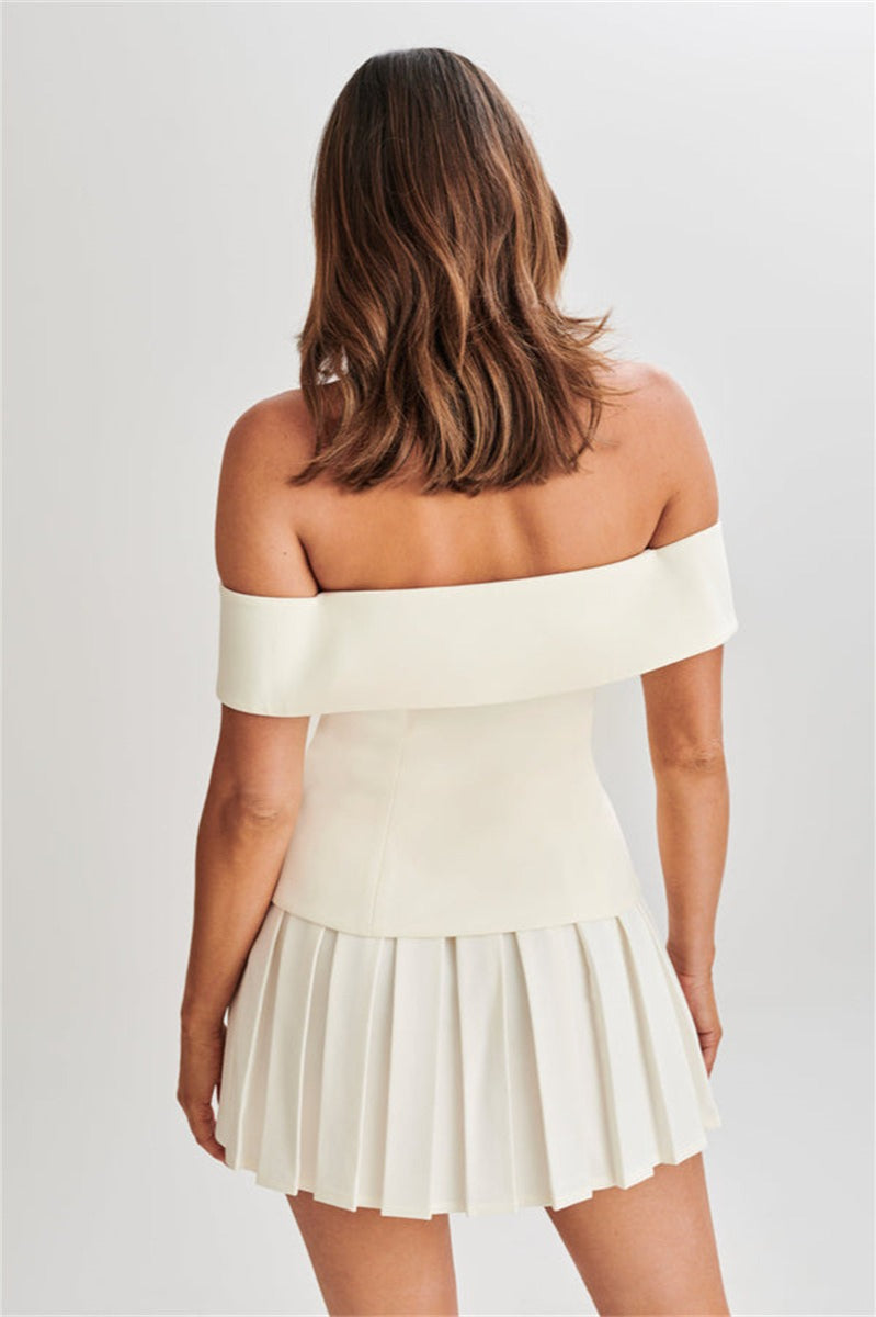 Vintage Off Shoulder Pleated Mini Dress