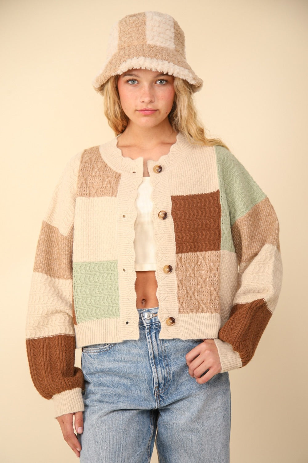 Margarita | Textured sweater cardigan with color block buttons