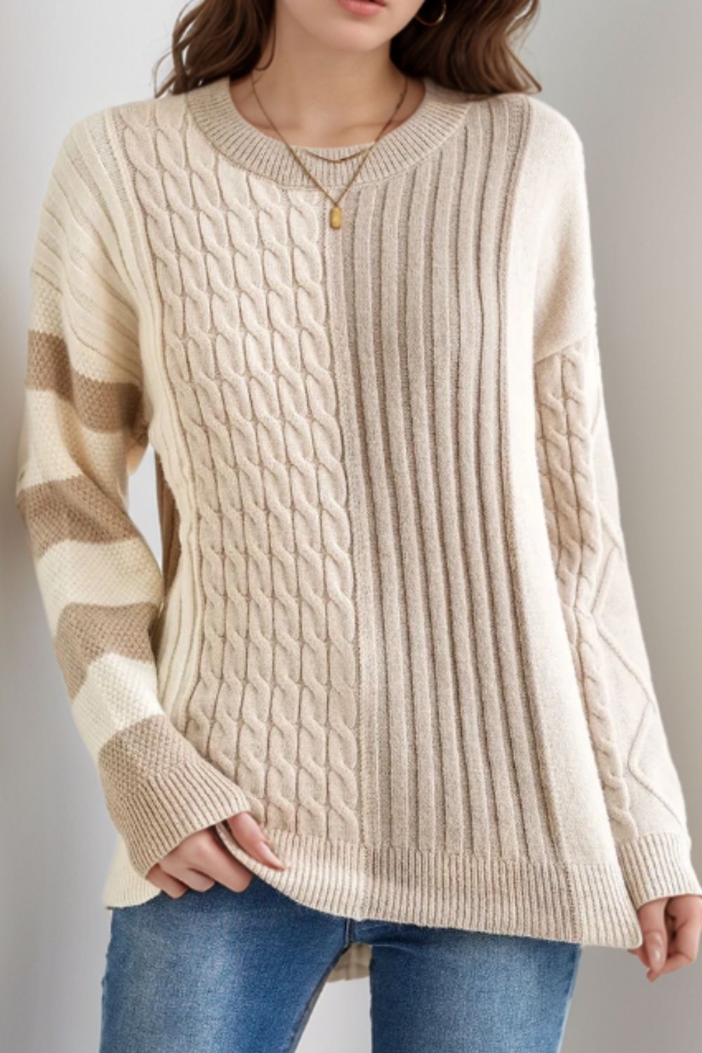 Liliana | Color block crew neck cable knit sweater