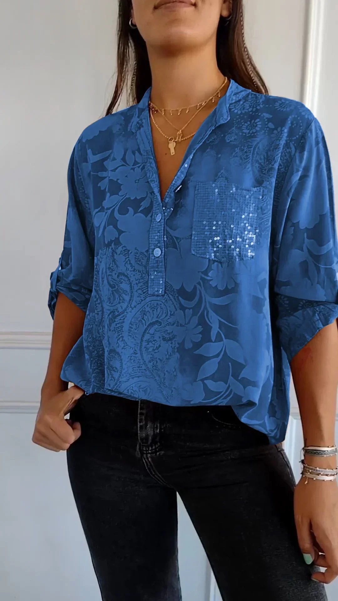 Maureen® | Printed V-Neck Top With Half Buttons