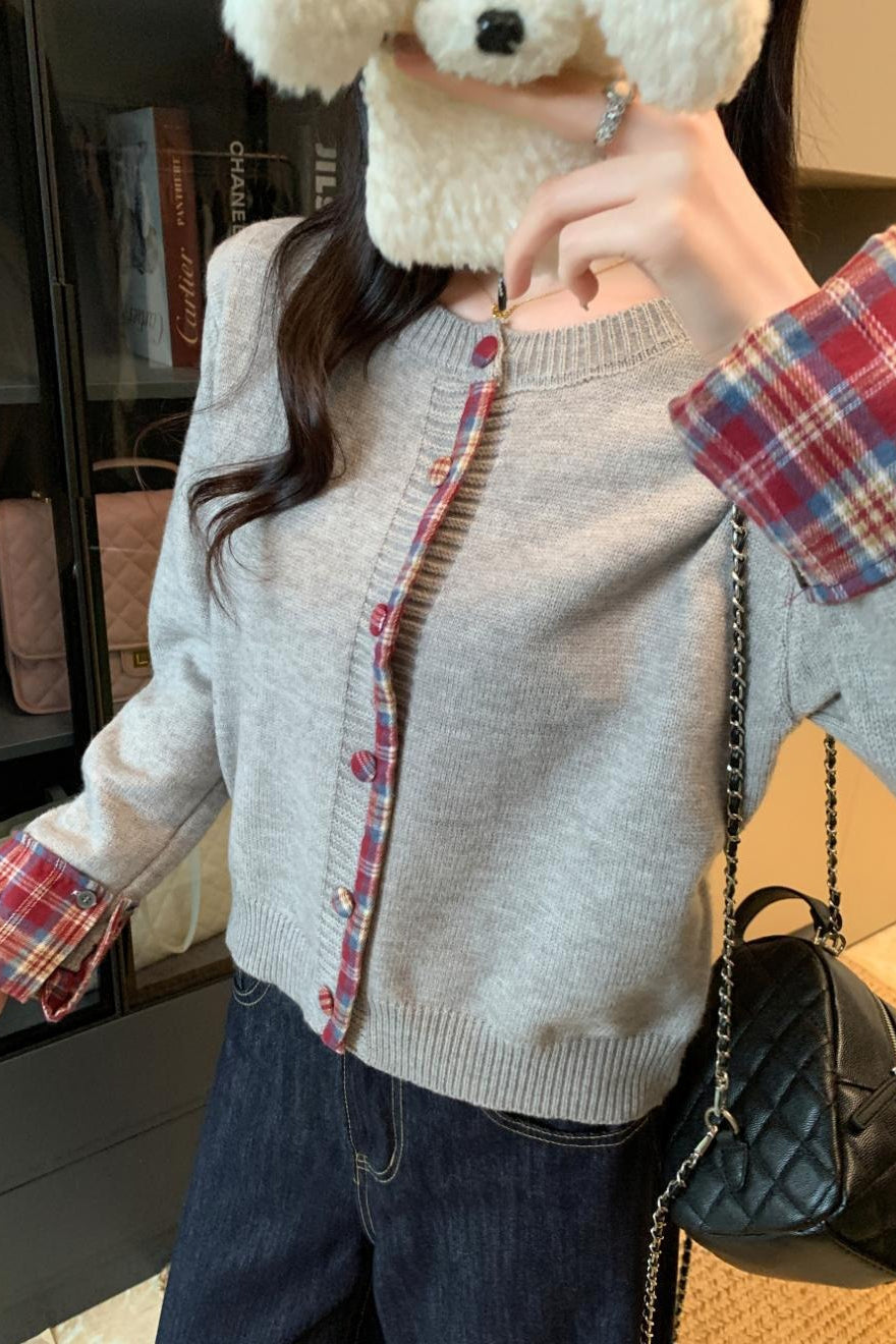 Red Plaid Contrast Round Neck Cardigan