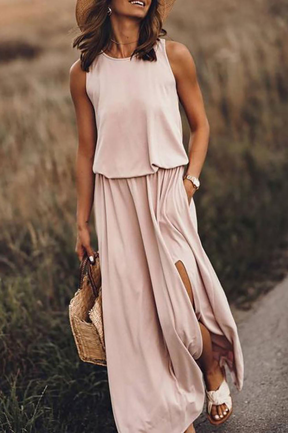 Round Neck Sleeveless Split Solid Maxi Dress