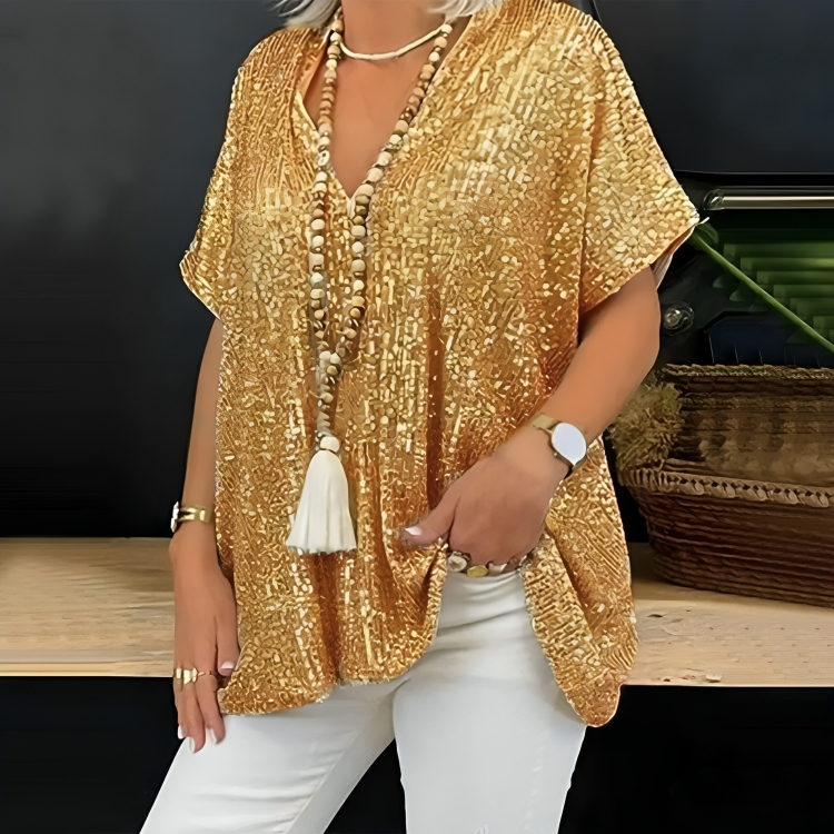 Kira® | Loose V-Neck Sequin T-Shirt