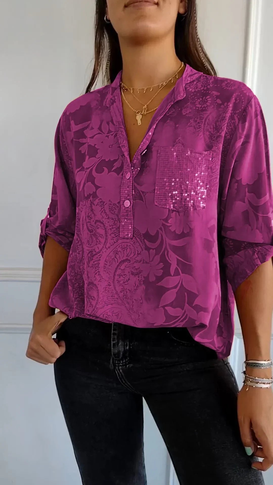 Maureen® | Printed V-Neck Top With Half Buttons