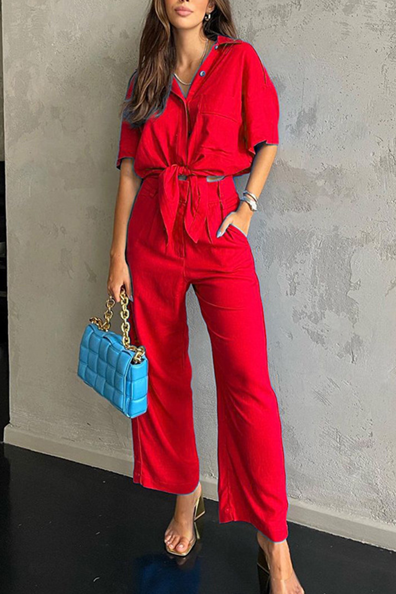 Maite | Fashion Solid Patchwork Turndown Collar Short Sleeve Two Pieces