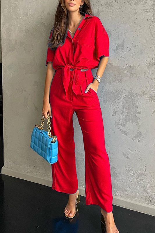 Maite | Fashion Solid Patchwork Turndown Collar Short Sleeve Two Pieces